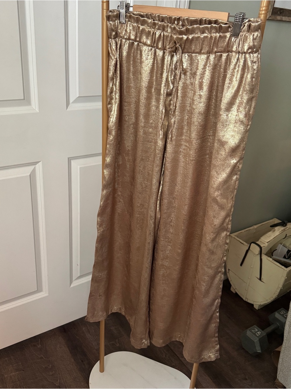 Wide Leg Metallic Gold Pants with Drawstring Waist